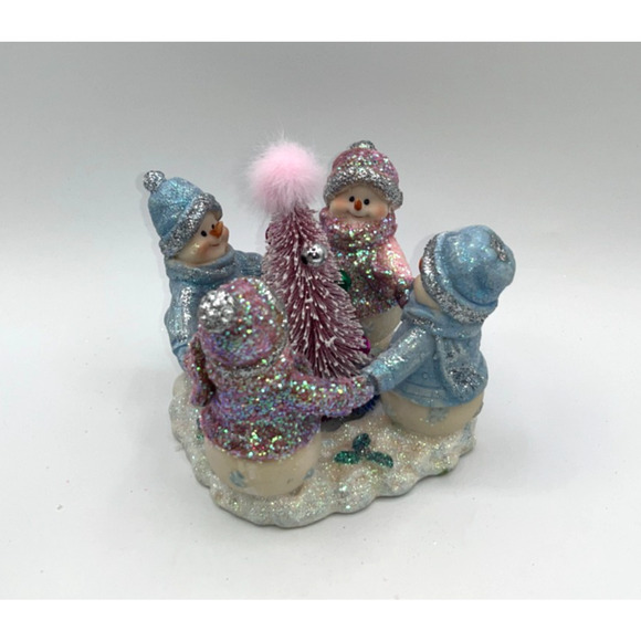 Vintage Four Pastel Pink Blue Snowmen & Pink Bottle Brush Tree Faux Fur OMG OOAK - Picture 4 of 16